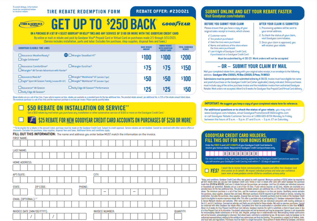 Goodyear Tire Rebate Redemption Form