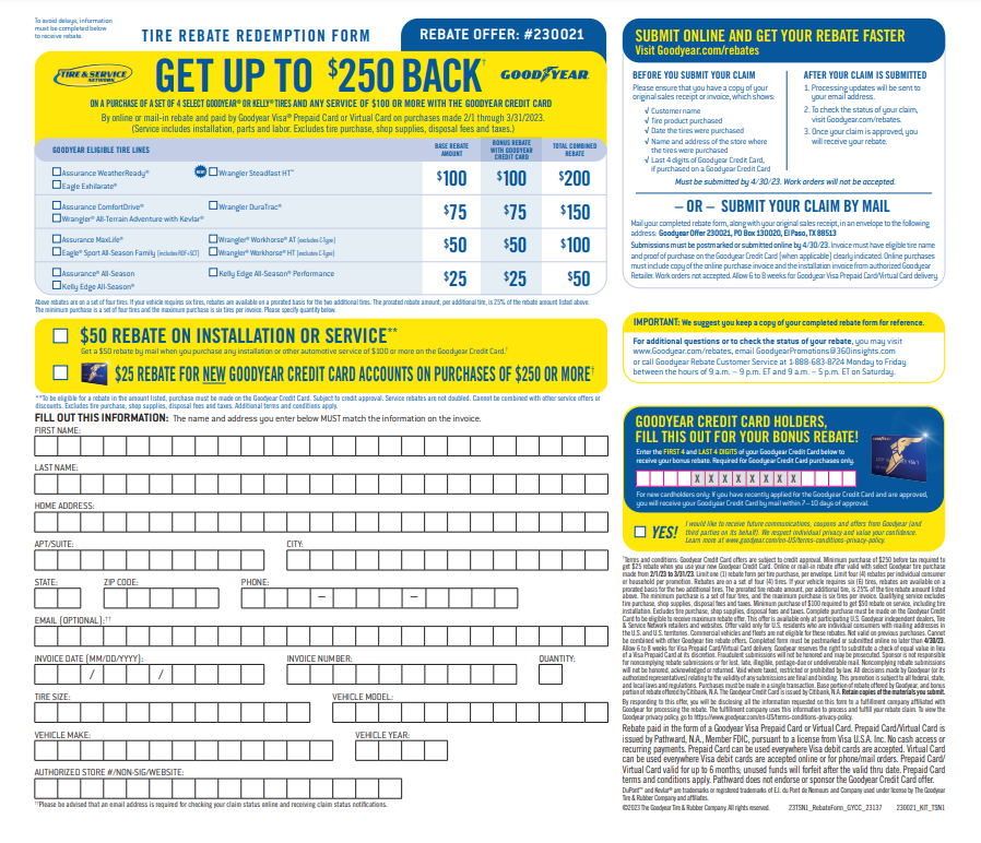 Does Goodyear P215 60r16 94h Have A Goodyear Rebate
